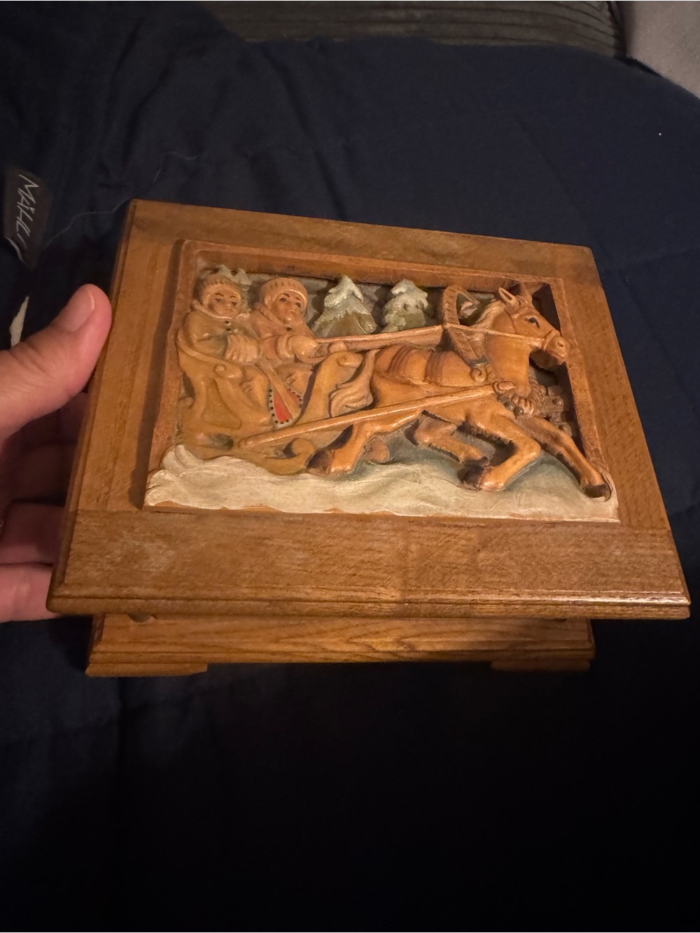 Carved Wood Music Box with Horse and Sleigh Relief